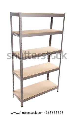 Metal industrial storage shelves. Isolated on a white background.