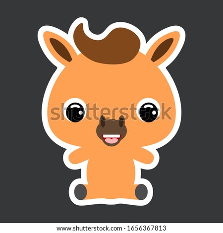 Children's sticker of cute little sitting horse. Domestic animal. Cartoon character for baby print design, kids wear, baby shower celebration, greeting, invitation card. Flat vector stock illustration