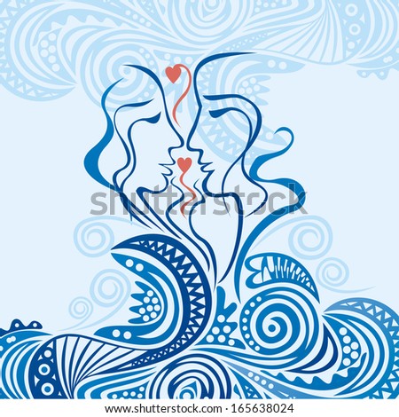 Valentines day card pair love hearts wave sea illustration