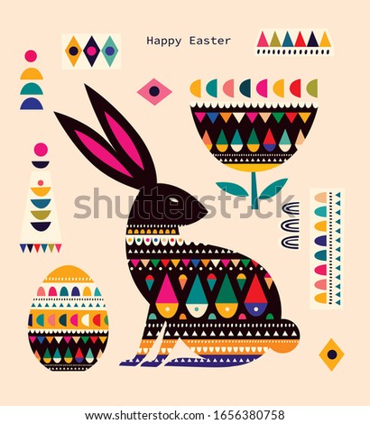 Colorful illustration with hare, easter eggs and decorative elements. Happy easter greeting card with decorative easter bunny