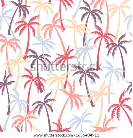 Coconut palm tree pattern textile seamless tropical forest background. Natural vector fabric repeating pattern. Simple tropical plants, coconut trees, beach palms textile background design.