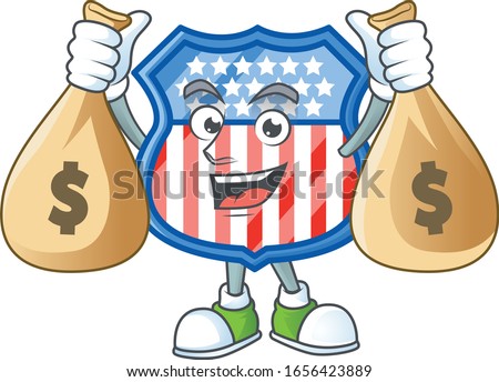 A cute image of shield badges USA cartoon character holding money bags