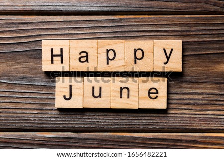 Happy June word written on wood block. Happy June text on table, concept.