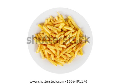 Hot appetizer French fries crispy, golden, deep-fried, fried in oil before alcohol, food on plate, white isolated background view from above. For the menu, restaurant, cafe Royalty-Free Stock Photo #1656491176