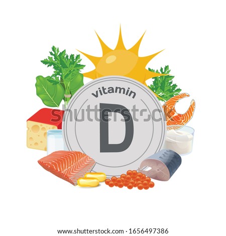 Vitamin D. Natural organic products with a high content Vitamin D. Vector illustration. Royalty-Free Stock Photo #1656497386