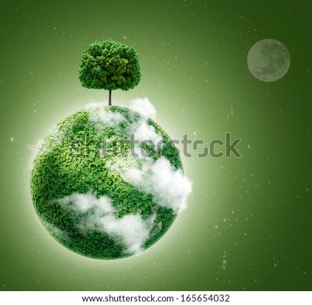 Green planet. Ecology concept. Green planet earth with a tree on  background of space . Go green.  Royalty-Free Stock Photo #165654032