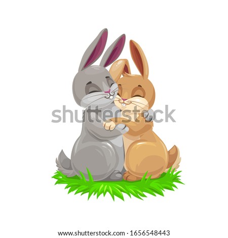 Easter cartoon bunny couple, holiday egghunting vector design. Easter egg hunt gray and brown rabbit animals hugging on green grass Royalty-Free Stock Photo #1656548443