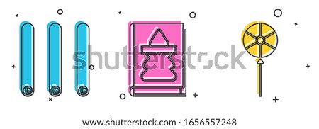 Set Three rolled sticks of cinnamon, Christmas book and Lollipop icon. Vector