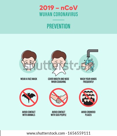 2019-nCoV Wuhan Coronavirus Prevention. Wear Face Mask, Cover Nose when Cough and Sneeze, Wash Hands, Avoid Animals, Avoid Crowded Places, Avoid Contact with People. Coronavirus Symptoms. Pandemic Royalty-Free Stock Photo #1656559111