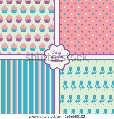 Set of the four sweet romantic seamless patterns. Vector illustration.