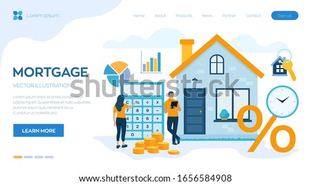 Mortgage concept. House loan or money investment to real estate. Property money investment contract. Buying Home. Man and woman calculates home mortgage rate. Vector illustration with characters. Royalty-Free Stock Photo #1656584908