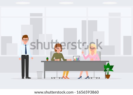 Two woman sitting at desk, meeting, discussing, making decisions in office workplace illustration. Man assistant standing, girl and lady talking at table cartoon character design