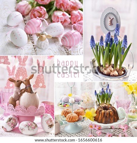 easter collage with traditional cakes and spring decors in pastel colors 