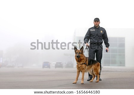 Male police officer with dog patrolling city street Royalty-Free Stock Photo #1656646180