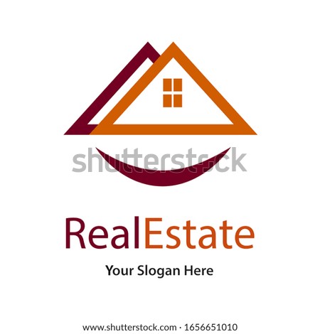 Real Estate Logo for company or business. Red and orange color triangle Roof logo with window and curved line.