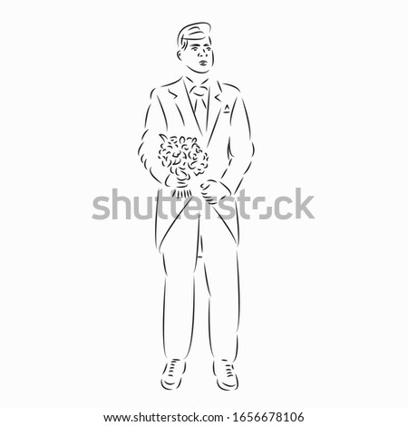 One continuous single drawing line art flat doodle man, flower, gift, celebration, romantic. Isolated image hand draw contour on a white background
