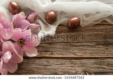 Easter composition on a wood background. Egg shell. Easter concept.