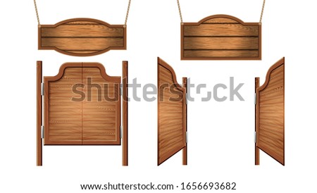 Vintage Saloon Nameplates And Doors Set Vector. Collection Of Hanging On Cords Decorative Plates And Swinging Doors. Building Exterior Details Color Concept Template Realistic 3d Illustrations Royalty-Free Stock Photo #1656693682