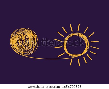 concept icon showing untangling tangled line into sunny creative idea. metaphor for mentor or coach in troubled business. concept of dealing with chaotic thought processes, confusion Royalty-Free Stock Photo #1656702898
