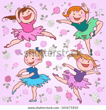 Illustration of dancing little ballerinas. Dancing with the stars. Children illustration for School books, pictures books, magazines, advertising and more. Separate Objects. VECTOR.