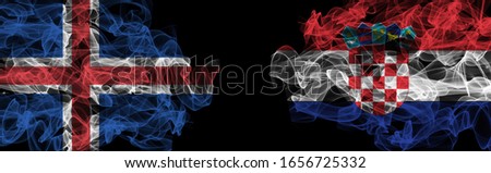 Flags of Iceland and Croatia on Black background, Iceland vs Croatia Smoke Flags
