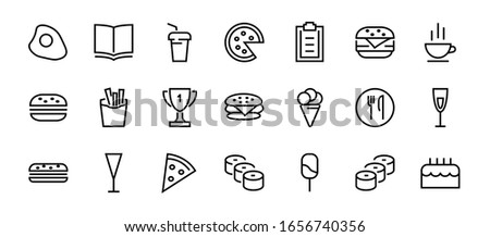A simple set of fast food icons related to the vector line. Contains icons such as pizza, burger, sushi, bike, scrambled eggs and more. EDITABLE stroke. 480x480 pixels perfect, EPS 10.