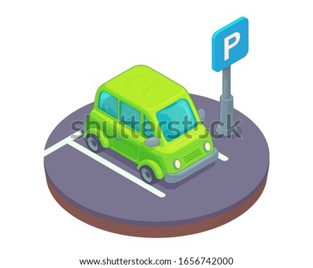 Parking lot area with car and road sign. Concept isoometric cartoon vector illustration.