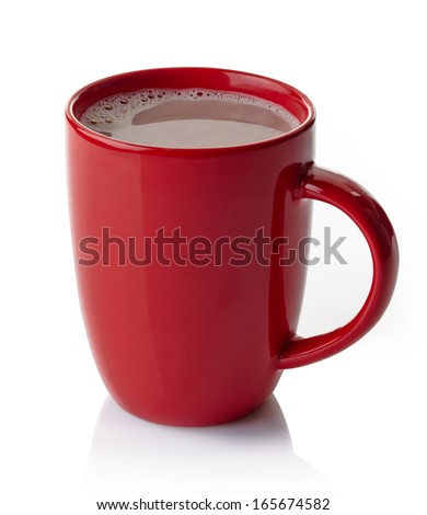 Red mug of hot chocolate drink isolated on white background