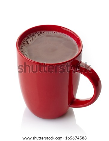 Red mug of hot chocolate drink isolated on white background