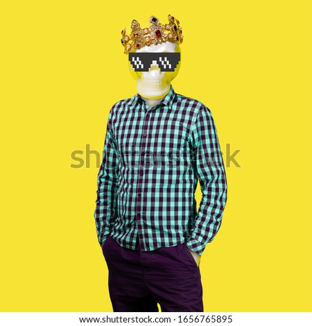 Skeleton in crown and pixel glasses on a yellow background. Minimal concept art collage.