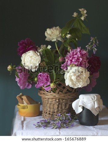 Still life with white peonies in vase