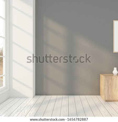 Minimal room with sideboard , white wall. 3D rendering