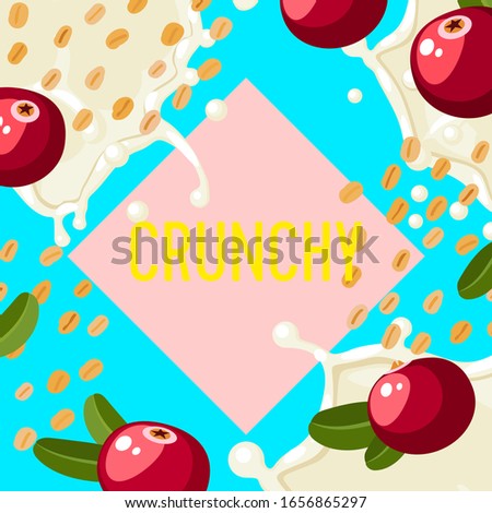 Packaging label design template for granola bar, oatmeal cereal with cranberry. Colorful vector cartoon illustration.