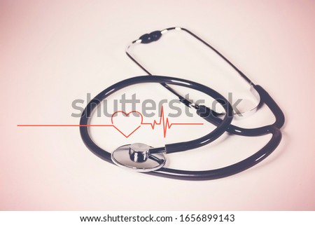 Heart sign, cardiogram, stethoscope on white background with copy space for your text. Health care concept. Healthcare and medical equipment. Medical check-up and diagnosing. Doctors' duties