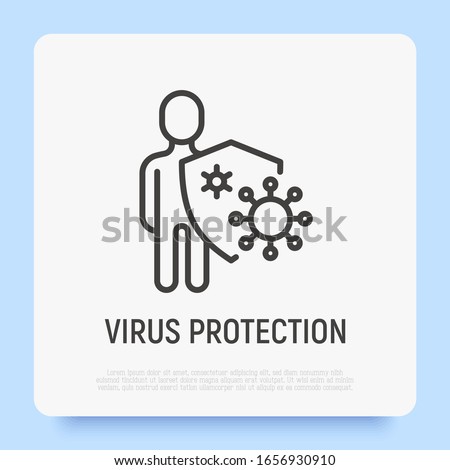 Virus protection: human is holding shield, bacterias can't attack him. Immune system, vaccination, antibiotics. Thin line icon. Modern vector illustration. Royalty-Free Stock Photo #1656930910