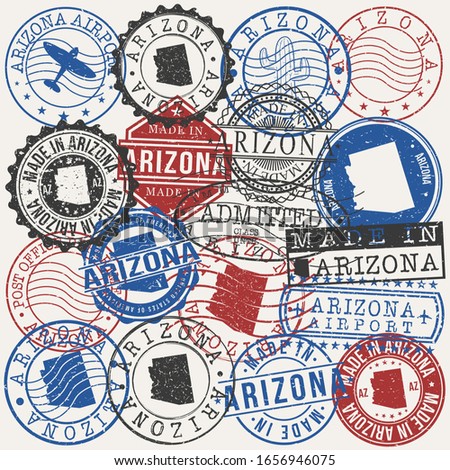 Arizona, USA Set of Stamps. Travel Passport Stamps. Made In Product. Design Seals in Old Style Insignia. Icon Clip Art Vector Collection.
