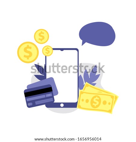 Vector illustration of smartphone, coins, payment or credit card, money and speech bubble. Online shopping, shopping app, exchange money concept. Smartphone online payments