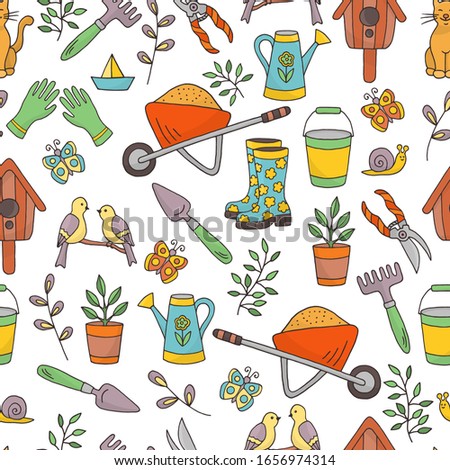 Vector seamless pattern with a set of garden tools on a white background, hand-drawn doodles, for the design of covers, packaging, postcards, and textile prints