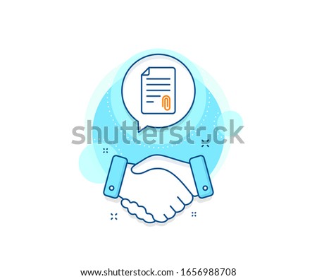 Document file symbol. Handshake deal complex icon. CV attachment line icon. Agreement shaking hands banner. Attachment sign. Vector