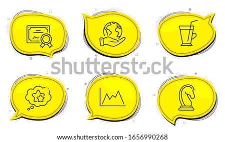 Coffee cup sign. Diploma certificate, save planet chat bubbles. Ranking stars, Marketing strategy and Diagram line icons set. Winner award, Chess knight, Growth graph. Latte drink. Vector