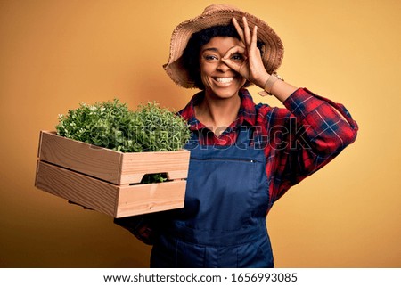 Young African American farmer woman with curly hair wearing apron holding box with plants with happy face smiling doing ok sign with hand on eye looking through fingers