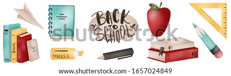 Stack of books, the inscription back to school, apple, pen, ruler cute textural digital art. Print for posters, banners, cards, invitation cards, web, textile, stationery, wrapping paper and boxes.