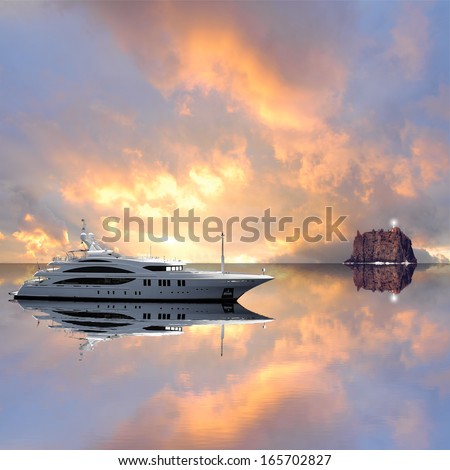 Fashionable yacht in the sea at sunset.  Royalty-Free Stock Photo #165702827