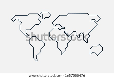 World map. Hand drawn simple stylized continents silhouette in minimal line outline thin shape. Isolated vector illustration.
