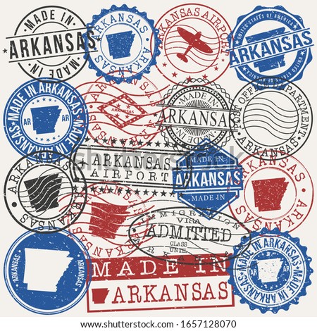Arkansas, USA Set of Stamps. Travel Passport Stamps. Made In Product. Design Seals in Old Style Insignia. Icon Clip Art Vector Collection.