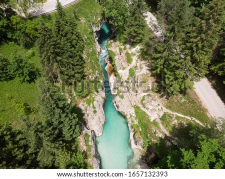 Aerial view over Soca river in Triglav National Park, Slovenia.