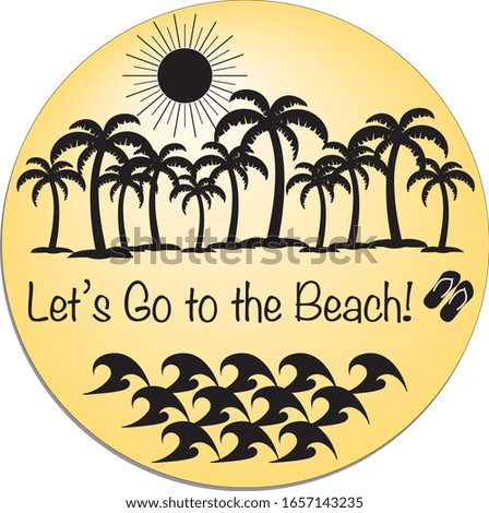 Beach Icon, round with palm trees, sun, waves, flip flops