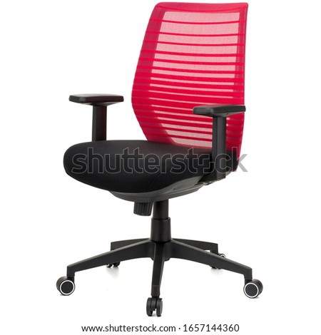 office chair with red backrest, black seat, handles and legs, isolated on white background, front view, stock photography