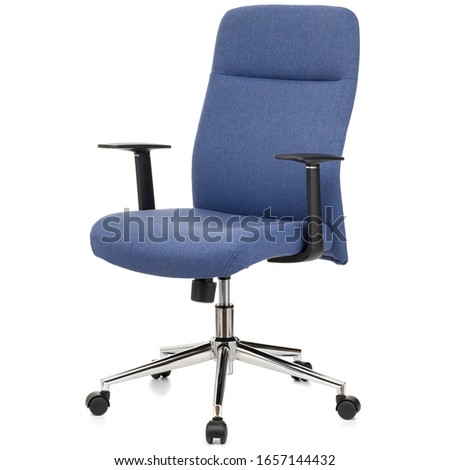 office chair with blue backrest, seat, black handles, stainless steel legs, isolated on white background, side view, stock photography
