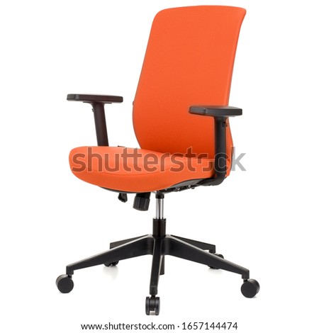 orange office chair with black handles and legs, isolated on white background, side view, stock photography